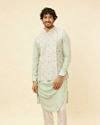 alt message - Manyavar Men Pistachio Green Buta Jaal Patterned Jacket image number 0